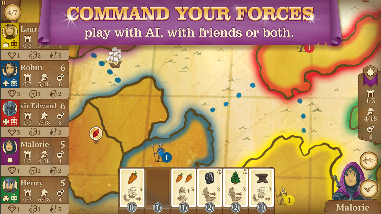 Zestaw komponentów: mapa, armie, monety i karty do Eight Minute Empire